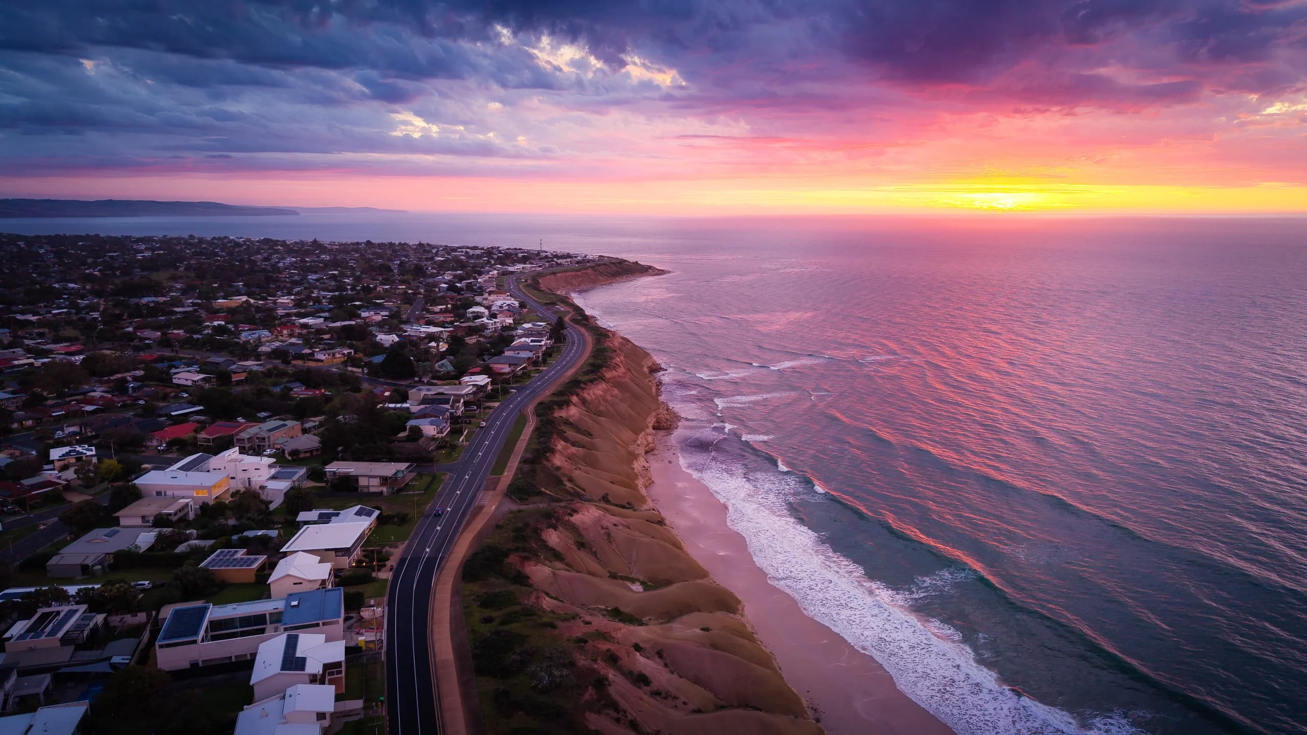 Drone view of the Port Willunga coastline at sunset, South Australia